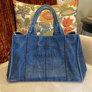 🌼 Authentic Prada Blue Denim Canapa Tote Bag 2 Way w Strap